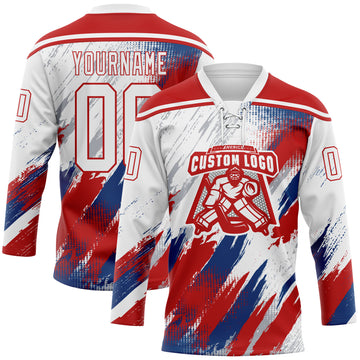 Custom White Red US Navy Blue-Gray Diagonal Grunge Brush Stroke Halftone Lace Neck Hockey Jersey