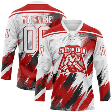 Custom White Red Black-Gray Diagonal Grunge Brush Stroke Halftone Lace Neck Hockey Jersey