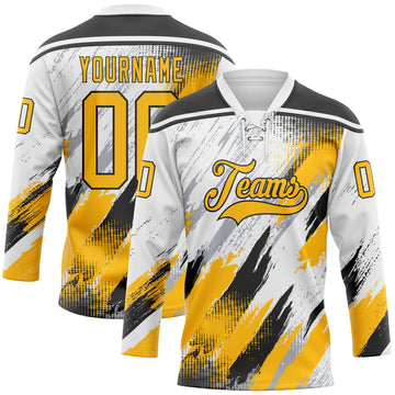 Custom White Gold Black-Gray Diagonal Grunge Brush Stroke Halftone Lace Neck Hockey Jersey