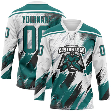 Custom White Teal Black-Gray Diagonal Grunge Brush Stroke Halftone Lace Neck Hockey Jersey