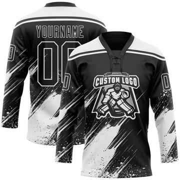Custom Black-White Diagonal Scratch Brush Stroke Paint Splatter Lace Neck Hockey Jersey
