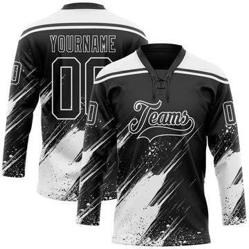 Custom Black-White Diagonal Scratch Brush Stroke Paint Splatter Lace Neck Hockey Jersey