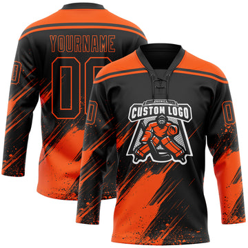 Custom Black-Orange Diagonal Scratch Brush Stroke Paint Splatter Lace Neck Hockey Jersey