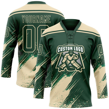 Custom Green-Cream Diagonal Scratch Brush Stroke Paint Splatter Lace Neck Hockey Jersey