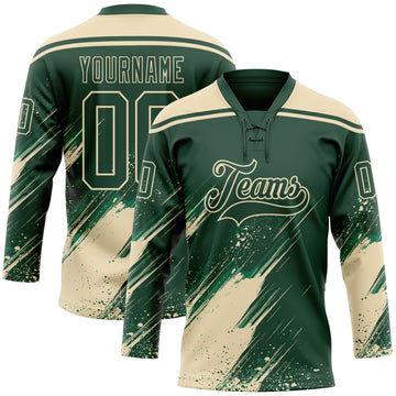 Custom Green-Cream Diagonal Scratch Brush Stroke Paint Splatter Lace Neck Hockey Jersey