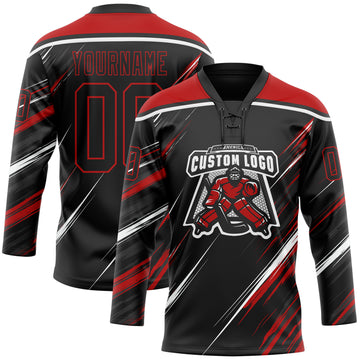 Custom Black Red-White Diagonal Scratch Brush Stroke Lace Neck Hockey Jersey