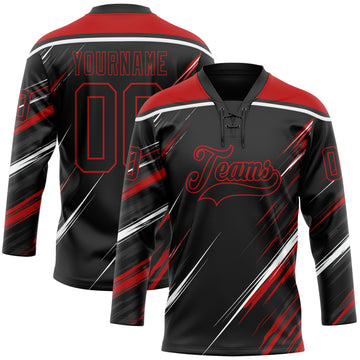 Custom Black Red-White Diagonal Scratch Brush Stroke Lace Neck Hockey Jersey