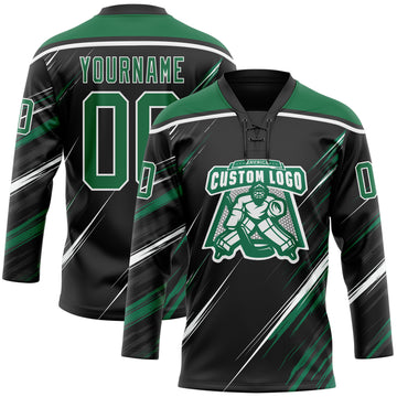 Custom Black Kelly Green-White Diagonal Scratch Brush Stroke Lace Neck Hockey Jersey