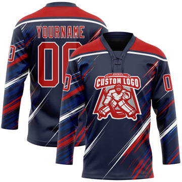 Custom Navy Red US Navy Blue-White Diagonal Scratch Brush Stroke Lace Neck Hockey Jersey
