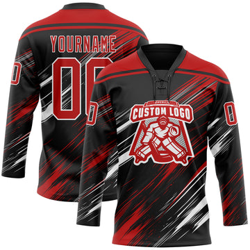 Custom Black Red-White Diagonal Scratch Brush Stroke Lace Neck Hockey Jersey