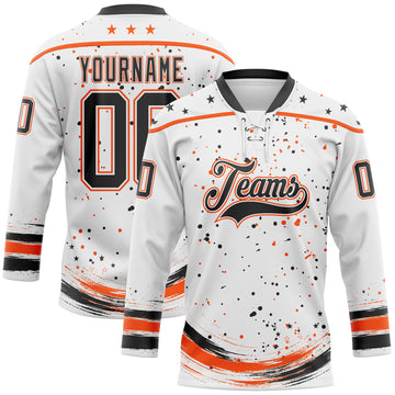 Custom White Black-Orange Stars Paint Splatter Brush Stroke Lace Neck Hockey Jersey