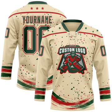 Custom Cream Green-Red Stars Paint Splatter Brush Stroke Lace Neck Hockey Jersey
