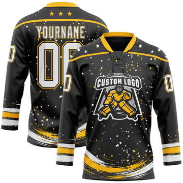 Custom Black White-Gold Stars Paint Splatter Brush Stroke Lace Neck Hockey Jersey