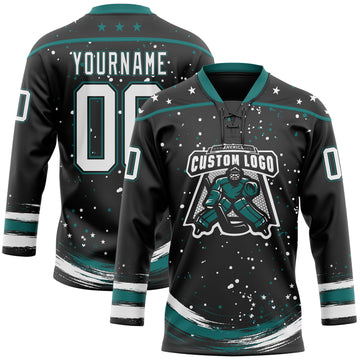 Custom Black White-Teal Stars Paint Splatter Brush Stroke Lace Neck Hockey Jersey
