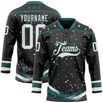 Custom Black White-Teal Stars Paint Splatter Brush Stroke Lace Neck Hockey Jersey