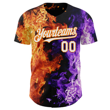 Custom Black White Purple-Bay Orange Flame Split Fire Authentic Baseball Jersey