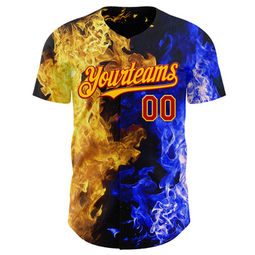 Custom Black Red Blue-Yellow Flame Split Fire Authentic Baseball Jersey