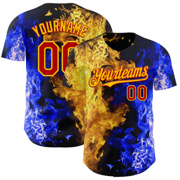 Custom Black Red Blue-Yellow Flame Split Fire Authentic Baseball Jersey