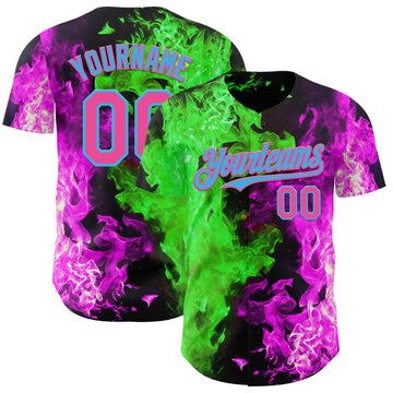Custom Black Pink Hot Pink Green-Sky Blue Flame Split Fire Authentic Baseball Jersey