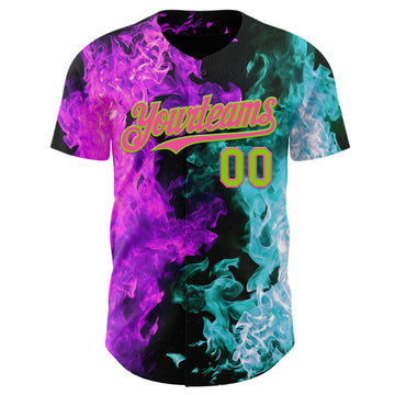 Custom Black Neon Green Ice Blue Purple-Pink Flame Split Fire Authentic Baseball Jersey