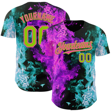 Custom Black Neon Green Ice Blue Purple-Pink Flame Split Fire Authentic Baseball Jersey