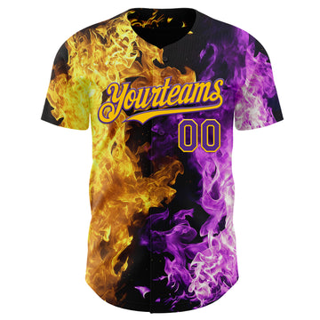 Custom Black Purple-Yellow Flame Split Fire Authentic Baseball Jersey
