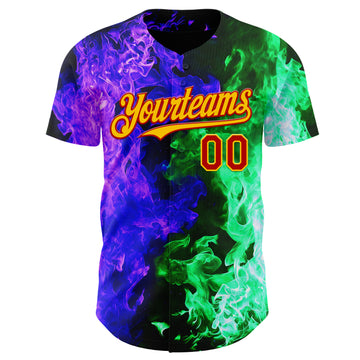 Custom Black Red Green Purple-Yellow Flame Split Fire Authentic Baseball Jersey