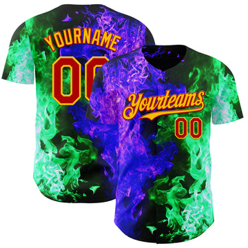 Custom Black Red Green Purple-Yellow Flame Split Fire Authentic Baseball Jersey