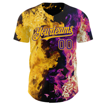 Custom Black Purple-Yellow Flame Split Fire Authentic Baseball Jersey