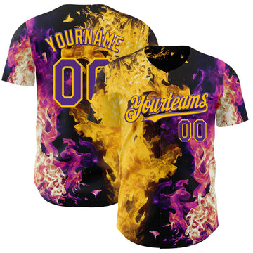 Custom Black Purple-Yellow Flame Split Fire Authentic Baseball Jersey