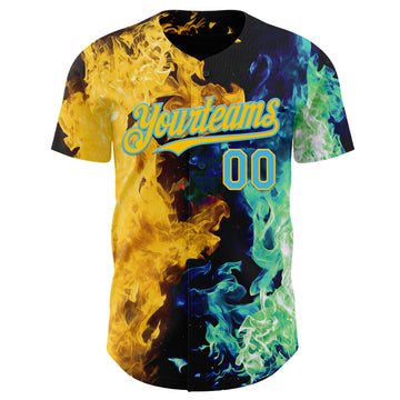 Custom Black Sky Blue Green-Yellow Flame Split Fire Authentic Baseball Jersey