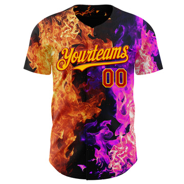 Custom Black Red Hot Pink-Yellow Flame Split Fire Authentic Baseball Jersey