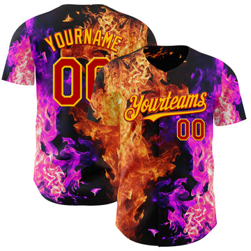 Custom Black Red Hot Pink-Yellow Flame Split Fire Authentic Baseball Jersey