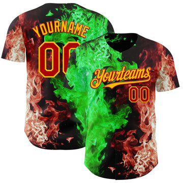 Custom Black Red Green-Yellow Flame Split Fire Authentic Baseball Jersey
