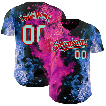 Custom Black Ice Blue Blue-Red Flame Split Fire Authentic Baseball Jersey