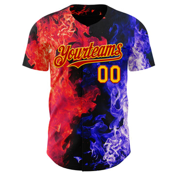 Custom Black Yellow Blue-Red Flame Split Fire Authentic Baseball Jersey