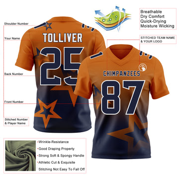 Custom Texas Orange Navy-White Authentic Gradient Style Twinkle Star Football Jersey