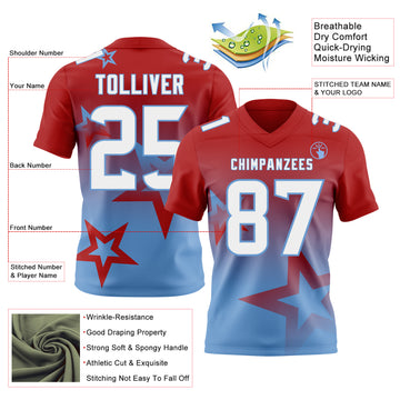 Custom Red White-Light Blue Authentic Gradient Style Twinkle Star Football Jersey