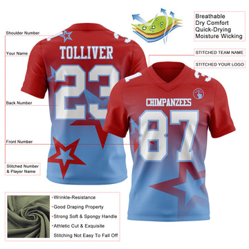 Custom Red White-Light Blue Authentic Gradient Style Twinkle Star Football Jersey