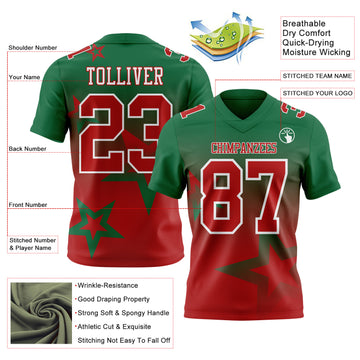 Custom Kelly Green Red-White Authentic Gradient Style Twinkle Star Football Jersey