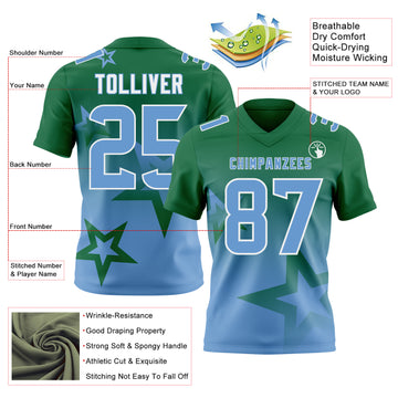 Custom Kelly Green Light Blue-White Authentic Gradient Style Twinkle Star Football Jersey