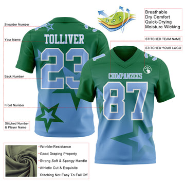 Custom Kelly Green Light Blue-White Authentic Gradient Style Twinkle Star Football Jersey