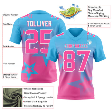 Custom Sky Blue Pink-White Authentic Gradient Style Twinkle Star Football Jersey