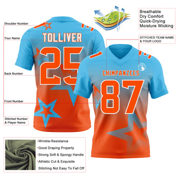 Custom Sky Blue Orange-White Authentic Gradient Style Twinkle Star Football Jersey