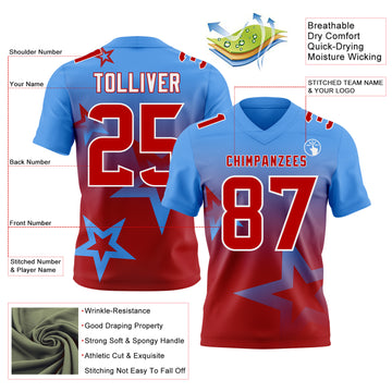 Custom Powder Blue Red-White Authentic Gradient Style Twinkle Star Football Jersey