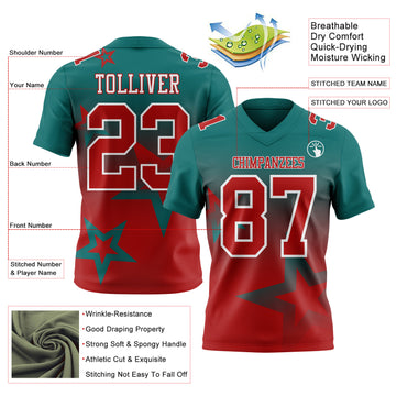Custom Teal Red-White Authentic Gradient Style Twinkle Star Football Jersey