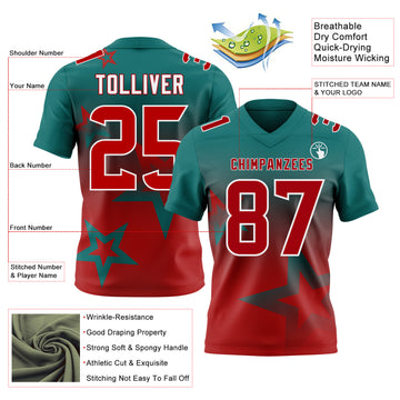 Custom Teal Red-White Authentic Gradient Style Twinkle Star Football Jersey