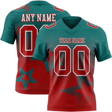 Custom Teal Red-White Authentic Gradient Style Twinkle Star Football Jersey