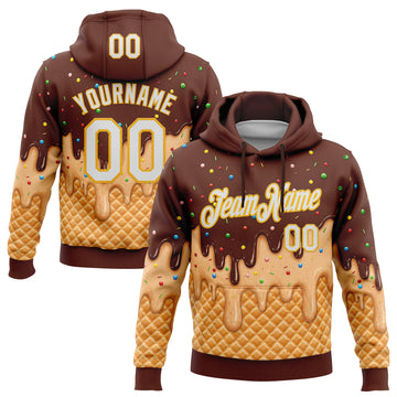 Custom Stitched Brown White-Gold Ice Cream Waffle Foodie Dessert Pullover Sweatshirt Hoodie