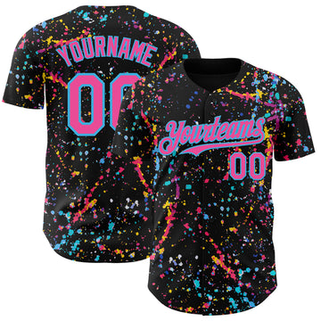 Custom Black Pink-Sky Blue Graffiti Pattern Paint Splatter Authentic Baseball Jersey